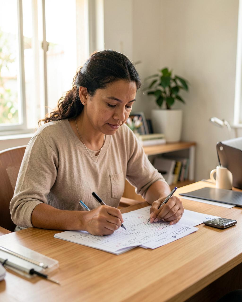 Mesa de estudos com cadernos, provas e canetas